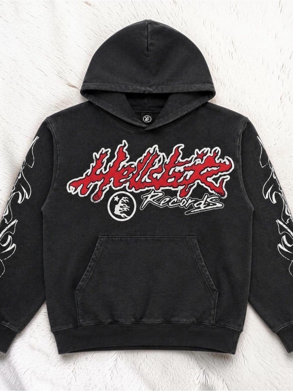 Black Hoodie with Red Graphic Logo and White Accents